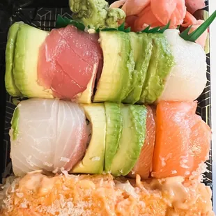(Top) Rainbow Roll, (bottom) Dynamite Roll
