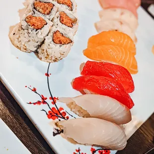 Spicy tuna roll and nigiri pieces assorted