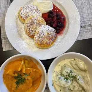 Ukrainian cheese pancakes; mushroom varenyky; eggplant, green pea, potato varenyky