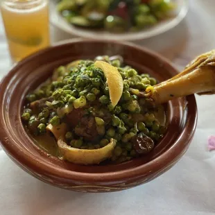 Lamb Marrakech - absolutely delicious. Succulent lamb with artichoke, olives and green peas in a delicious broth. Get it every time.