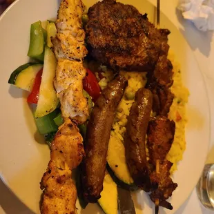 Mixed Grill  A selection of Moroccan style kebabs: lamb, chicken, kefta and merguez