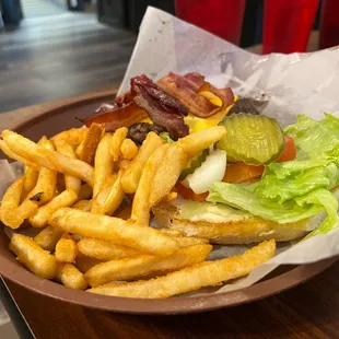 a plate of fries and a burger