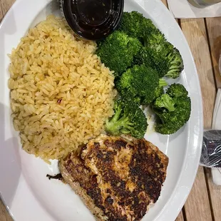 Grilled salmon, teriyaki other side with broccoli and rice