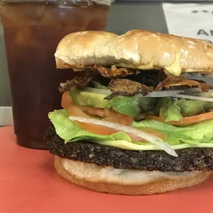 a burger and a drink