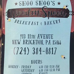 Menu. Can call ahead for baked goods.