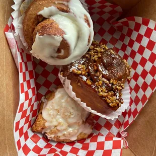 Vegan Cinnamon roll, vegan sticky bun and vegan scone.