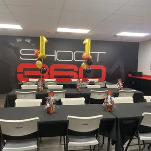 Large event room to celebrate with food/cake, plenty of seating.