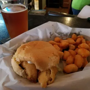 Perch sandwich on homemade hard roll. Small curds. Lakefront Oktoberfest. Perfect Wisco lunch.