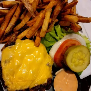 Cheeseburger and Natural Cut French Fries. With all the works on the side.