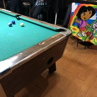 a pool table and a chair