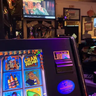 a slot machine in the foreground