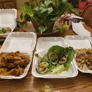 Chicken wings oldbay/american spicy,  clams,  combo fried rice.