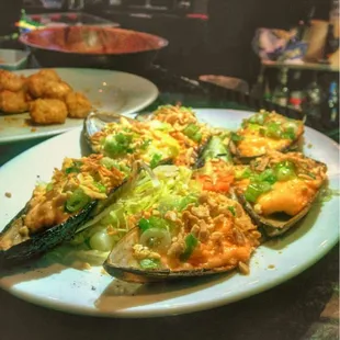 New Zealand Mussels (half dozen) and tots in the backdrop