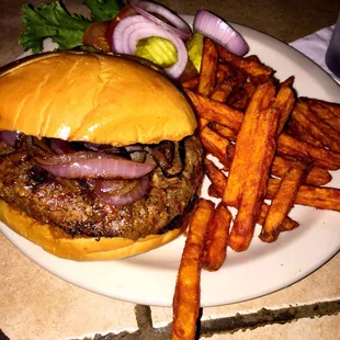 Monday burger special w/grilled onions &amp; sweet potato fries