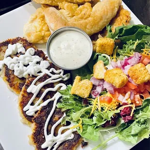 Nearly Naked Chicken with Potato Cakes and Side Salad