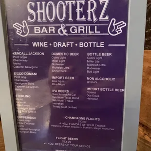 Wine, draft, and bottle list