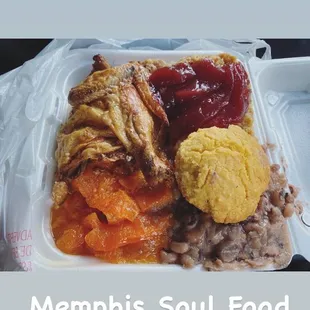 a meal in a styrofoam container