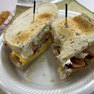 Bacon, egg and cheese sandwich on rye bread