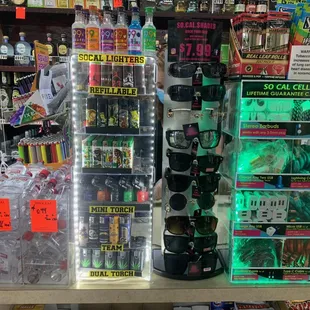 Chargers, sunglasses, and lighters