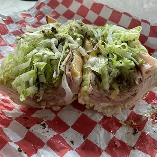 Ham, turkey, provolone cheese, and the works (minus a couple things)