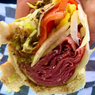 Pastrami and Corned Beef Hoagie (The Works) it is huge and so good. Bring wipes for your hands