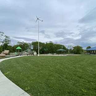 Wide view of park and one of the covered seating areas