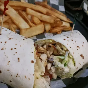 Chicken Ceasar with bacon Wrap, French fries