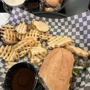 Philly Cheesesteak with Waffle Fries &amp; Seasoned Sour Cream:  one order split in half