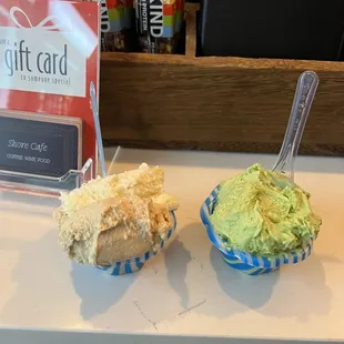 Sugar cookie and honey cinnamon latte gelato on the left and pistachio gelato on the right