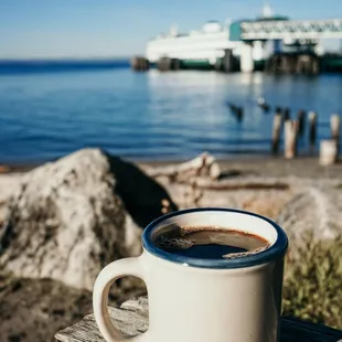 a cup of coffee on a wooden table