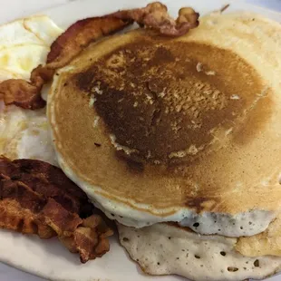Eggs, bacon, pancakes