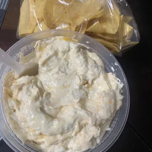 Crab dip and Chips. Large size comes with two bags