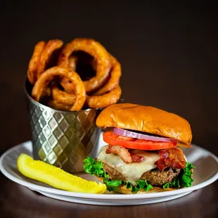 a burger and onion rings