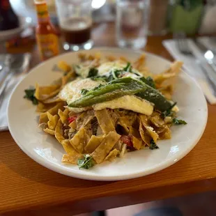 Migas with pulled pork and salsa verde