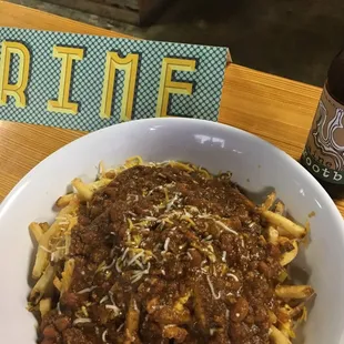 Huge bowl of chili cheese fries for our appetizer! The fries were amazing and chili was made made with Brisket!