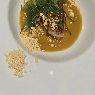 Spice Glazed King Crab, Sweet Potato Curry, Red Curry Oil Powder