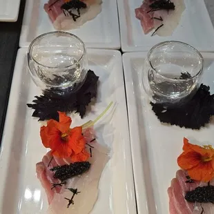 Japanese Bluefin O-Toro and Madai, White Sturgeon Caviar, SakeMoto Junmai Sake, Toasted Nori Nasturtium and Mizuna