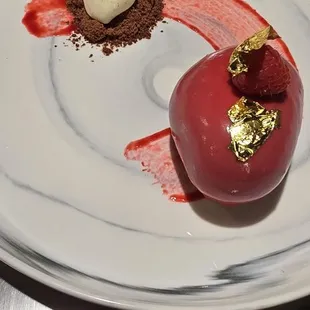 Dark chocolate-raspberry mousse, Tonka-Vanilla bean ice cream, chocolate powder