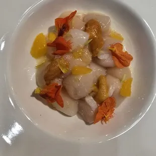 Massachusetts Bay Scallops and Japanese Uni Crudo, Citrus, Lemon Oil, Nasturtiums