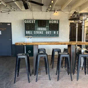 a long table with four stools