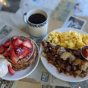 Sweet potato pancakes, eggs, breakfast potatoes, and coffee