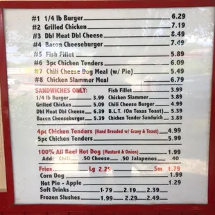 a menu for a fast food restaurant