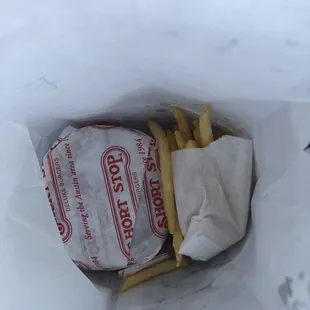 Little itty bitty burger a fries for $10