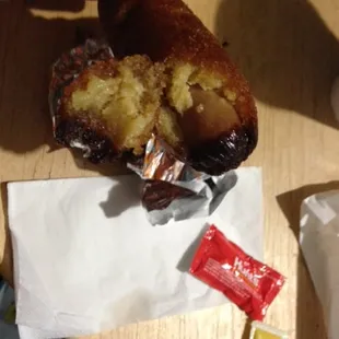 Ordered a Corn dog and got this greasy burnt mess, which I didn't eat.