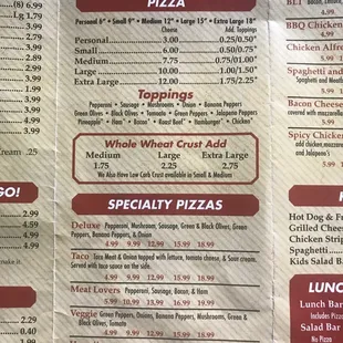 Pizzas and Specialty Pizzas
