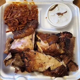 Three Meat Combo BBQ Dinner and Two Sides ($28.99): Brisket, Tri-Tip, Chicken, Sauce On Side, Bbq Spaghetti, Potato Salad
