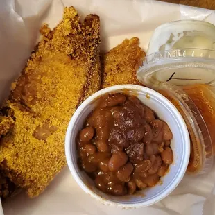 2 pc Tilapia and One Side ($8.99): Hot Sauce, Tartar Sauce, BBQ Baked Beans