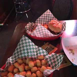 a table with baskets of food
