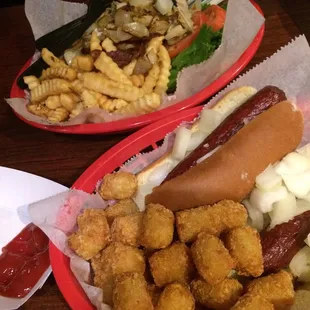 The works burger and deep fried hot dogs.