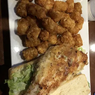 walleye sandwich and tots